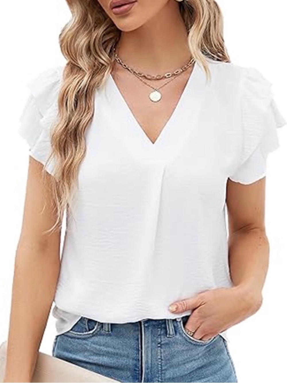 Women's V-Neck Ruffle Sleeve Blouse - White. Size Small. NWT.